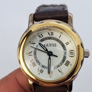 VTG Guess Women's Watch 27MM Roman Numerals Date Brown Leather Bands New Battery